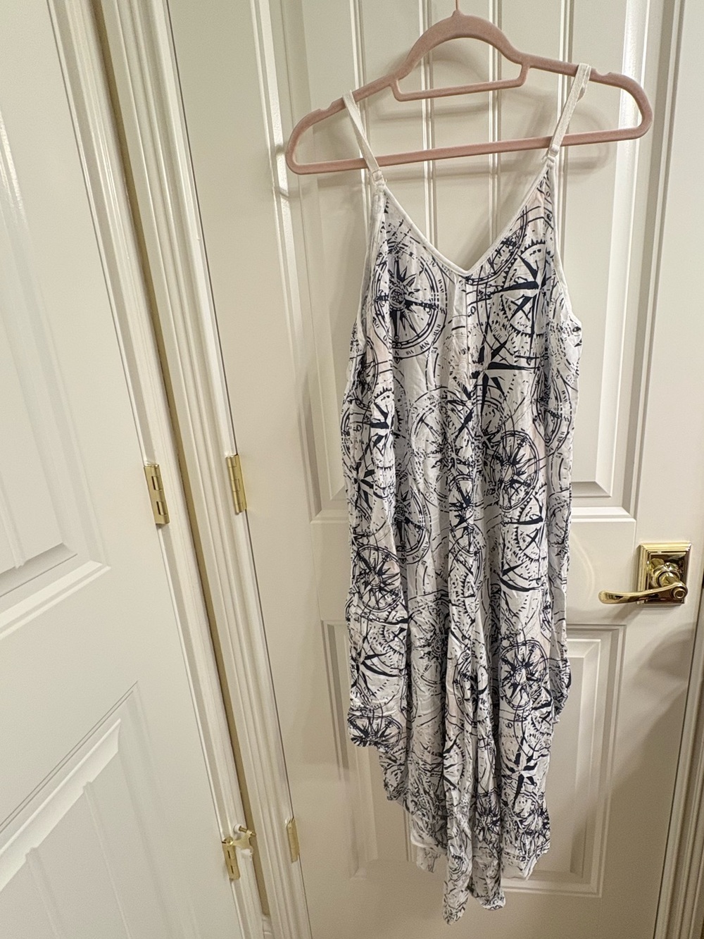 Beyond Capri Nautical Print Asymmetrical Harem Jumpsuit OS White Blue EUC